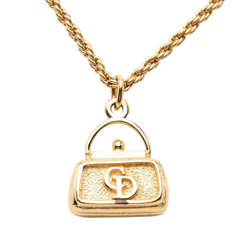 Dior Cdlogo Bag Motif Chain Pendant Necklace Gold Plated