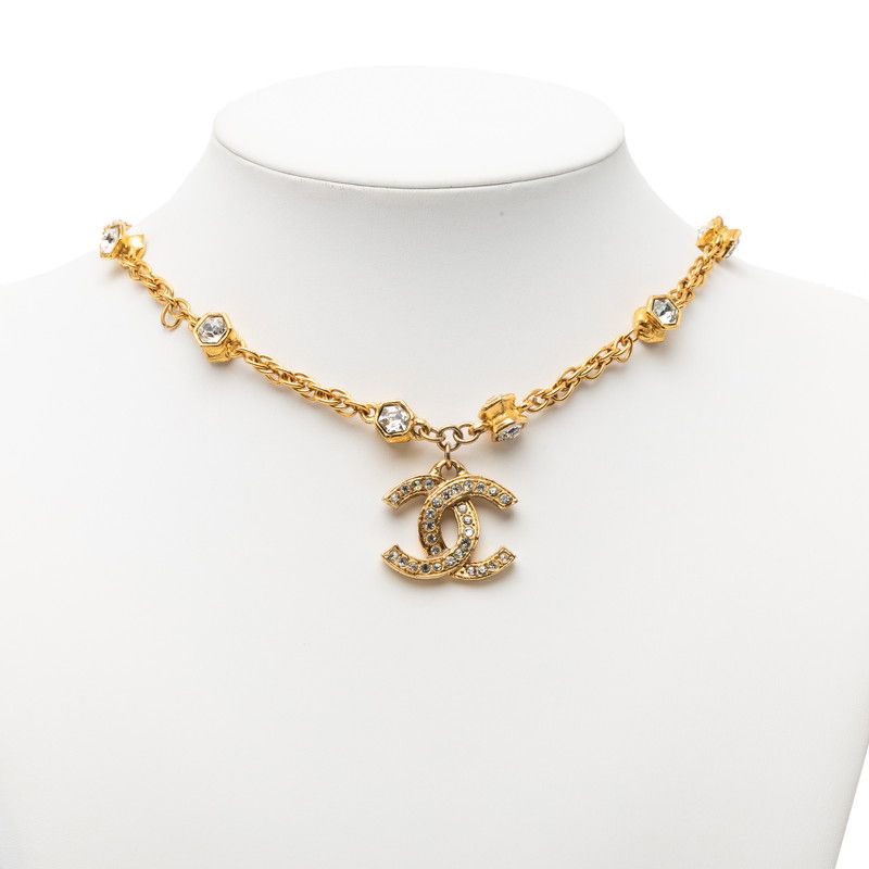 Chanel CC Logo Vintage Chain Pendant Necklace Gold Plated Line Stone