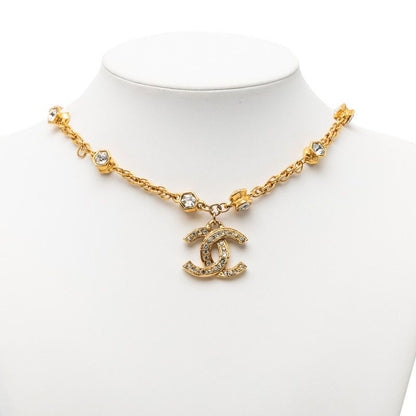 Chanel CC Logo Vintage Chain Pendant Necklace Gold Plated Line Stone