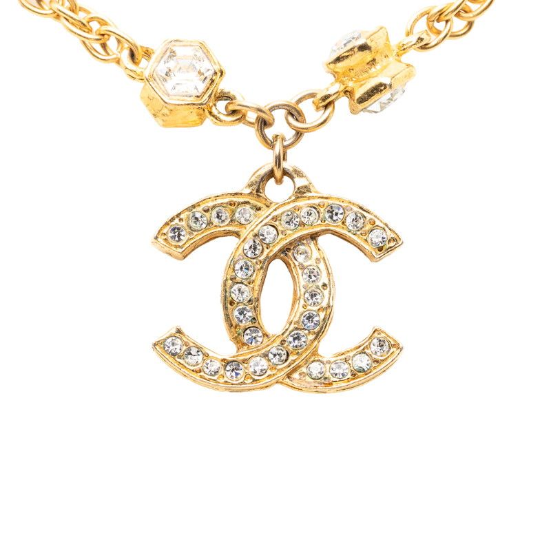 Chanel CC Logo Vintage Chain Pendant Necklace Gold Plated Line Stone