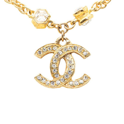 Chanel CC Logo Vintage Chain Pendant Necklace Gold Plated Line Stone