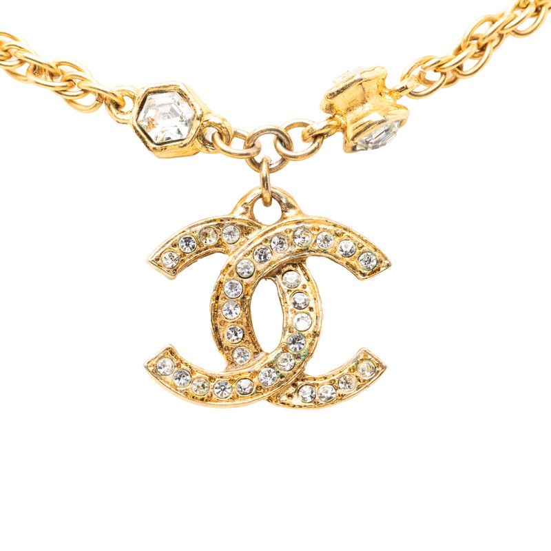 Chanel CC Logo Vintage Chain Pendant Necklace Gold Plated Line Stone