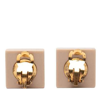 Chanel CC Logo Square Earrings Gold Beige Plated Plastic