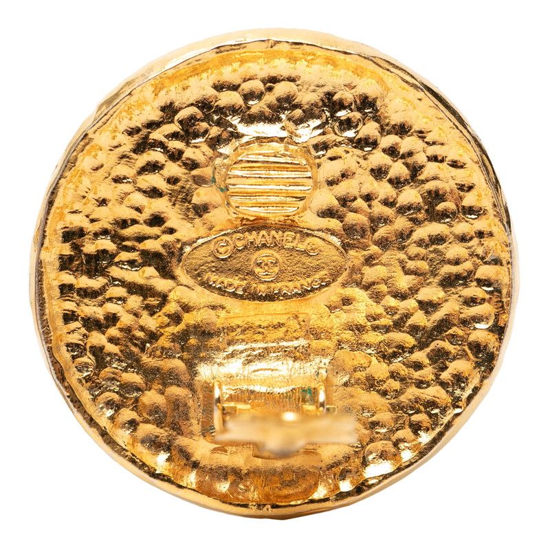 Chanel CC Logo Lion Round Circle Earrings Gold Plated