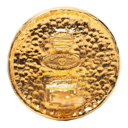 Chanel CC Logo Lion Round Circle Earrings Gold Plated
