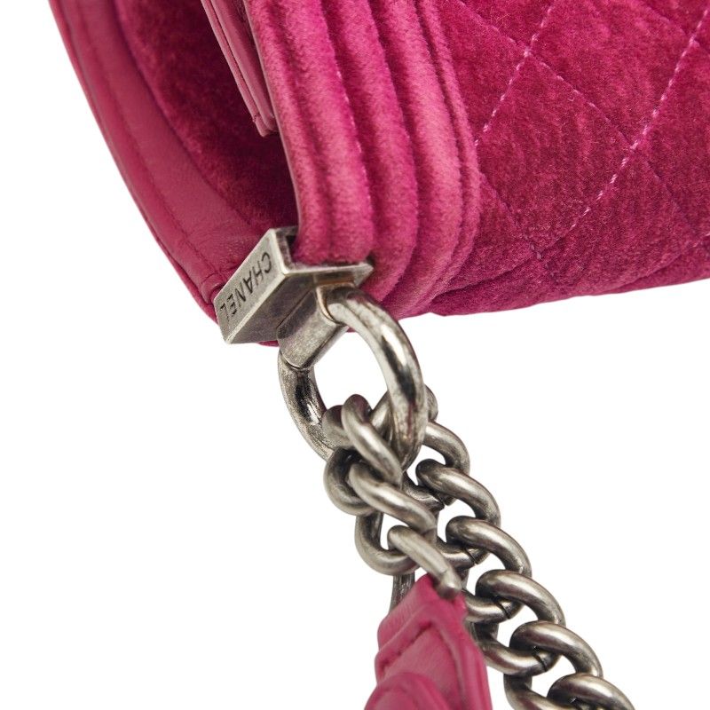 Chanel CC Logo Mini Boy Chain Shoulder Bag Pink Velour Leather