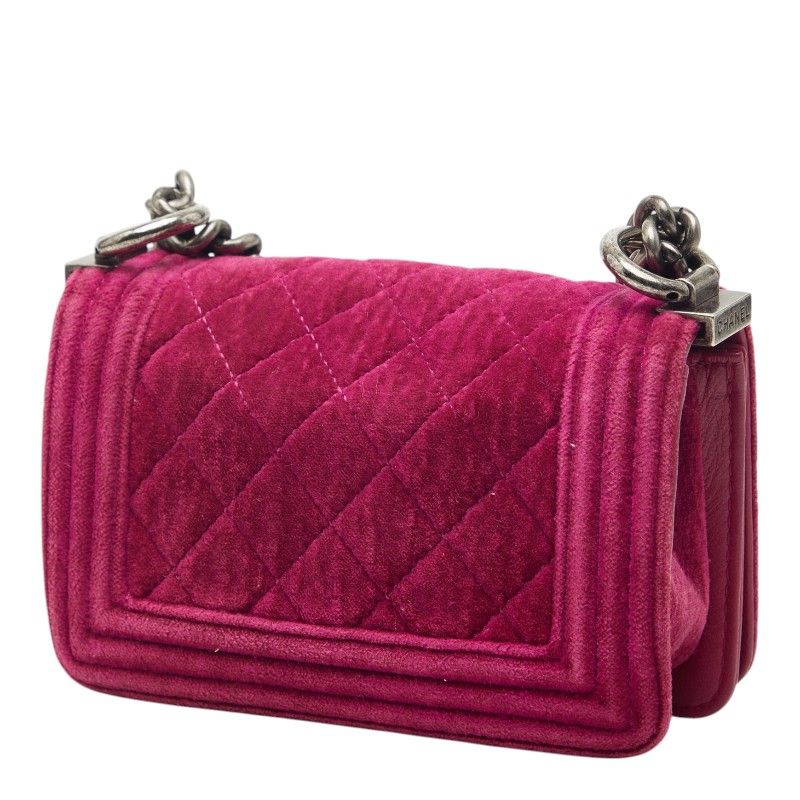 Chanel CC Logo Mini Boy Chain Shoulder Bag Pink Velour Leather