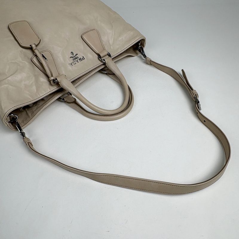 Prada Logo Tote 2-Way Shoulder Bag Leather Light Beige
