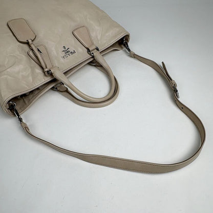 Prada Logo Tote 2-Way Shoulder Bag Leather Light Beige