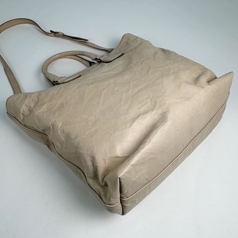 Prada Logo Tote 2-Way Shoulder Bag Leather Light Beige