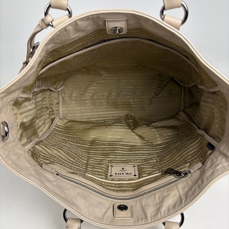Prada Logo Tote 2-Way Shoulder Bag Leather Light Beige