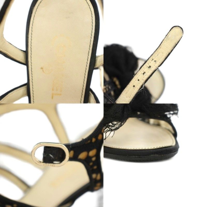 Chanel Gurkha Sandals High Heel Chunky Ankle Strap CC Logo Lace Ribbon Leather