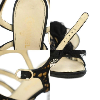 Chanel Gurkha Sandals High Heel Chunky Ankle Strap CC Logo Lace Ribbon Leather