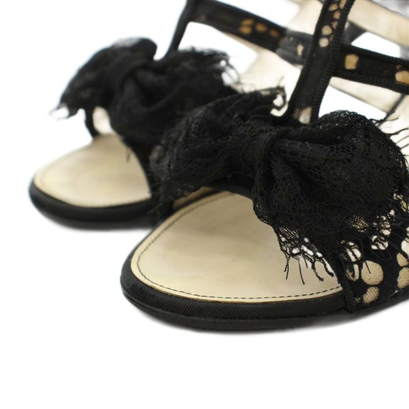 Chanel Gurkha Sandals High Heel Chunky Ankle Strap CC Logo Lace Ribbon Leather