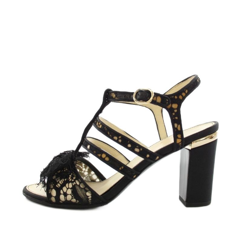 Chanel Gurkha Sandals High Heel Chunky Ankle Strap CC Logo Lace Ribbon Leather