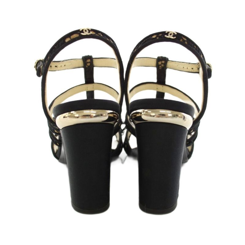 Chanel Gurkha Sandals High Heel Chunky Ankle Strap CC Logo Lace Ribbon Leather