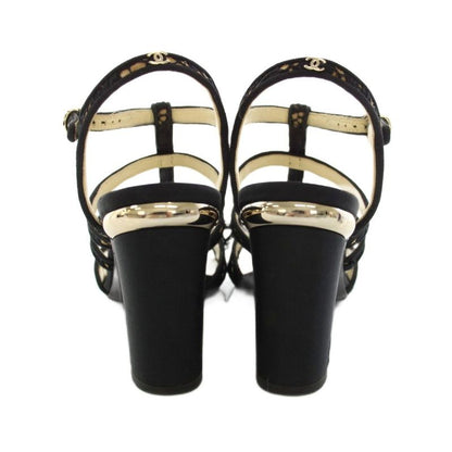 Chanel Gurkha Sandals High Heel Chunky Ankle Strap CC Logo Lace Ribbon Leather