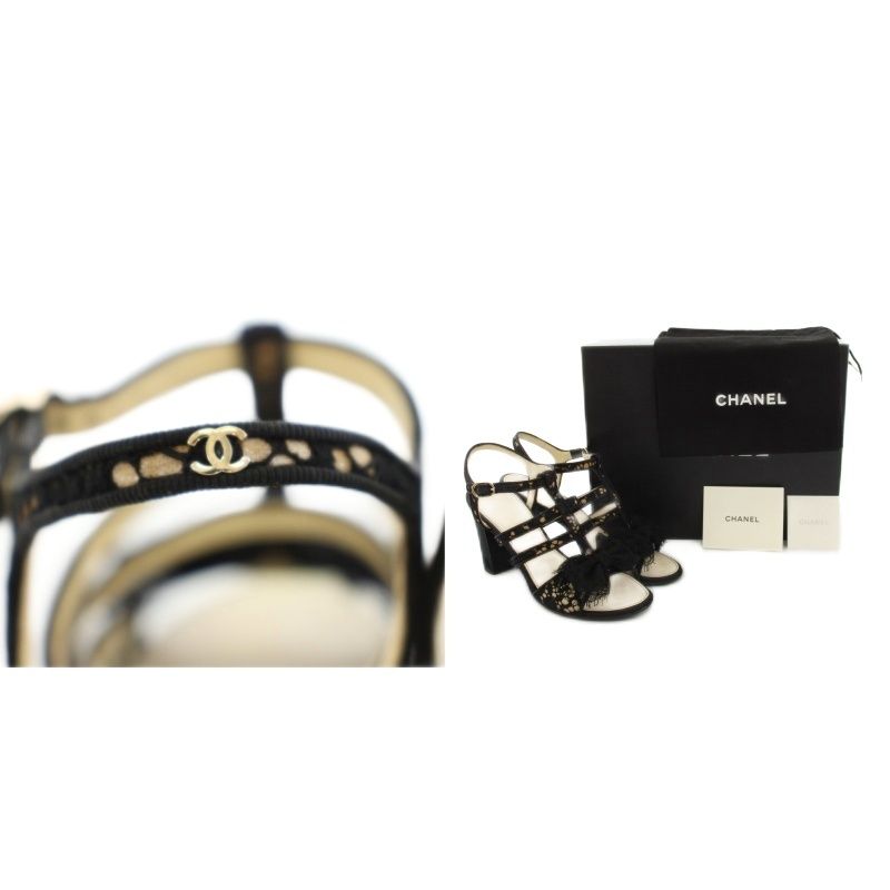 Chanel Gurkha Sandals High Heel Chunky Ankle Strap CC Logo Lace Ribbon Leather