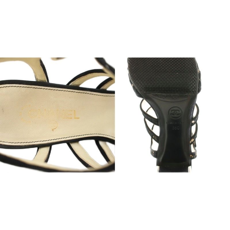 Chanel Gurkha Sandals High Heel Chunky Ankle Strap CC Logo Lace Ribbon Leather