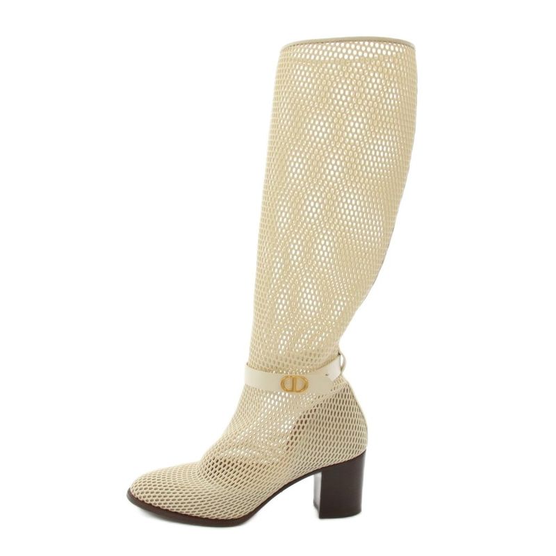 Dior Empreinte Long Boots Amond Toe Chunky Heel Mesh Leather White YT