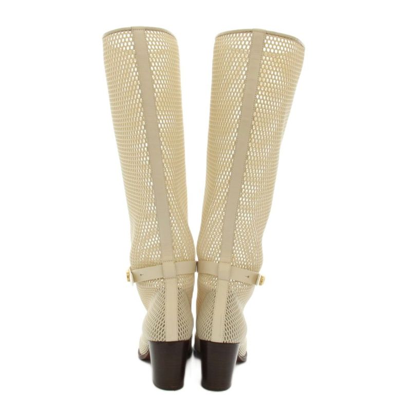 Dior Empreinte Long Boots Amond Toe Chunky Heel Mesh Leather White YT