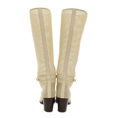 Dior Empreinte Long Boots Amond Toe Chunky Heel Mesh Leather White YT