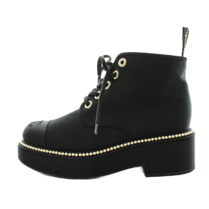 Chanel CC Logo Short Boots Lace Up Pearl 37 Black