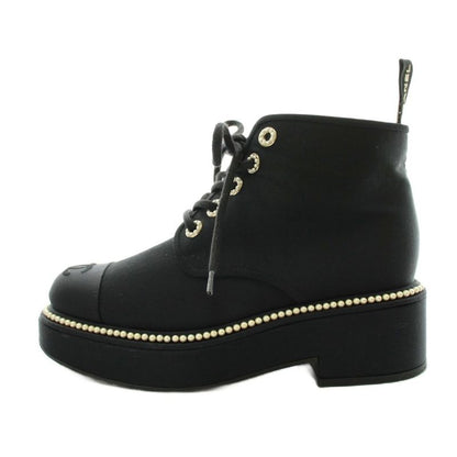 Chanel CC Logo Short Boots Lace Up Pearl 37 Black
