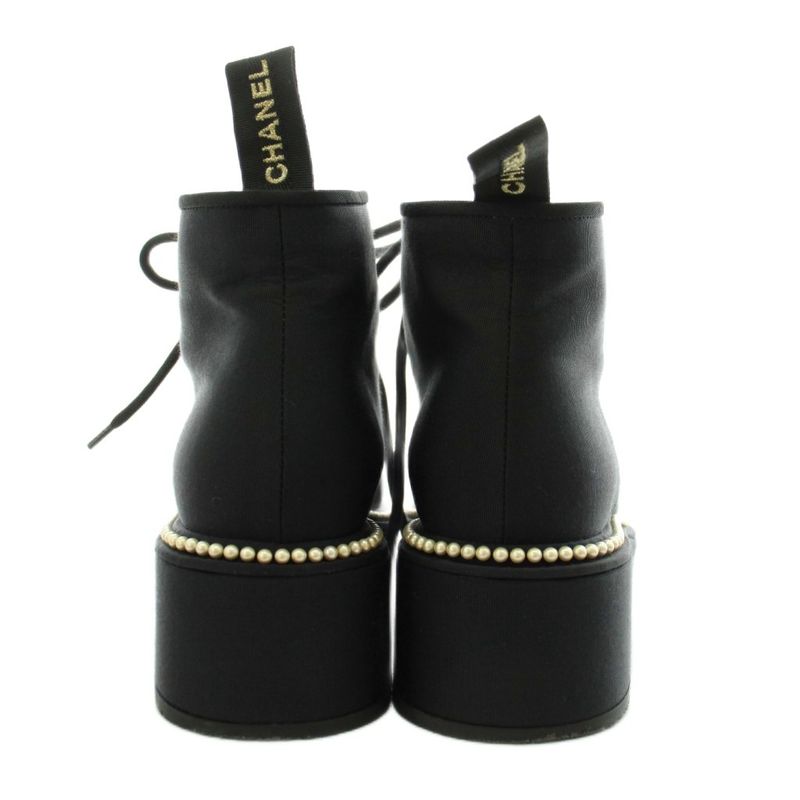 Chanel CC Logo Short Boots Lace Up Pearl 37 Black