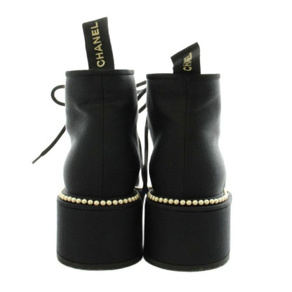 Chanel CC Logo Short Boots Lace Up Pearl 37 Black
