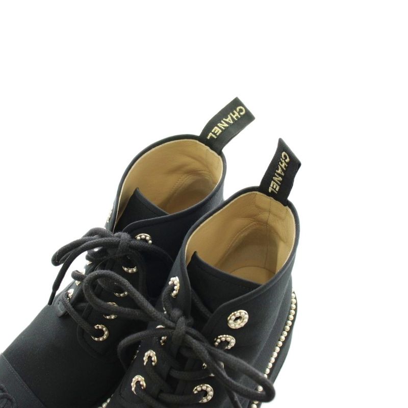 Chanel CC Logo Short Boots Lace Up Pearl 37 Black