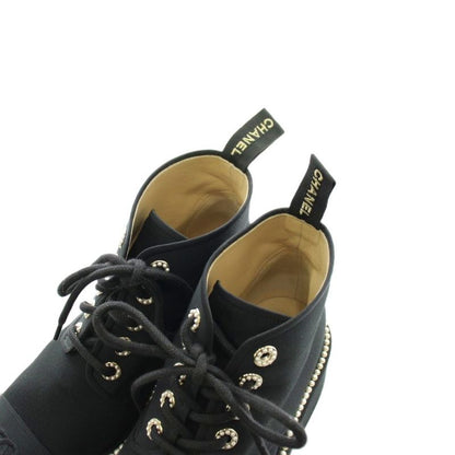 Chanel CC Logo Short Boots Lace Up Pearl 37 Black