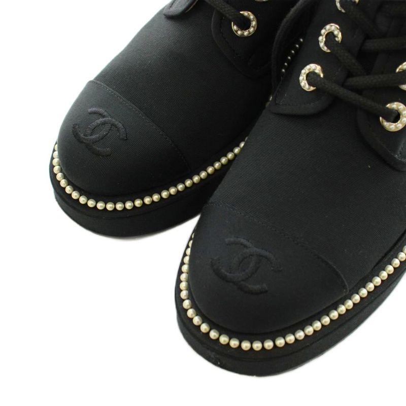 Chanel CC Logo Short Boots Lace Up Pearl 37 Black