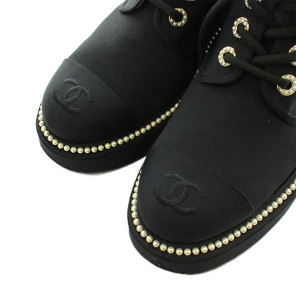 Chanel CC Logo Short Boots Lace Up Pearl 37 Black