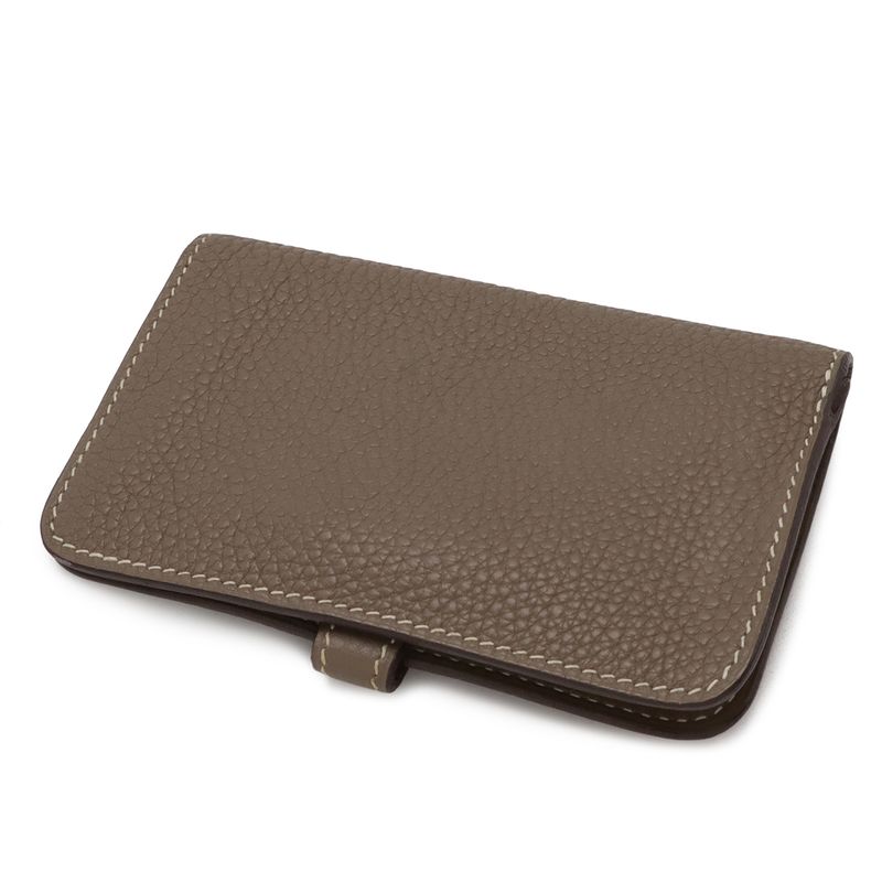 Hermes Dogon Key Case Coin Purse Card with Chain Taurillon Clemence Etoupe Gold
