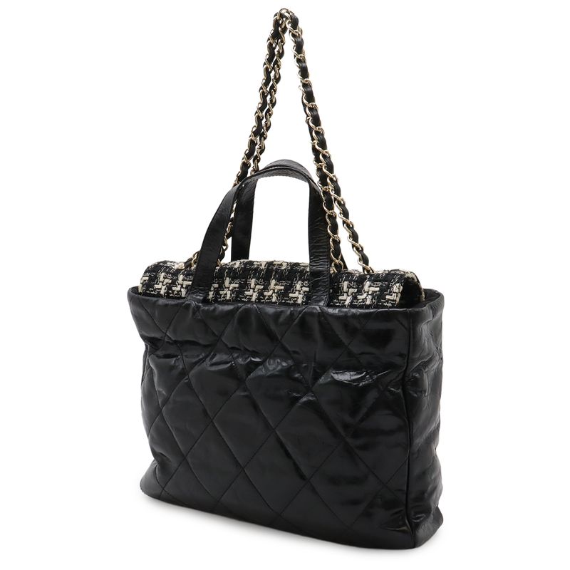 Chanel CC Logo Portobello Quilted Tote 2-Way Shoulder Bag Chain Leather Tweed