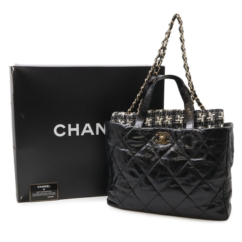 Chanel CC Logo Portobello Quilted Tote 2-Way Shoulder Bag Chain Leather Tweed