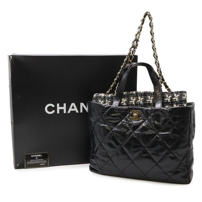 Chanel CC Logo Portobello Quilted Tote 2-Way Shoulder Bag Chain Leather Tweed