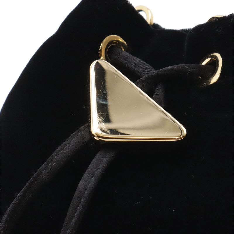 Prada Triangle Logo Velvet Mini Pouch Multi Drawstring Chain Shoulder Nero Black