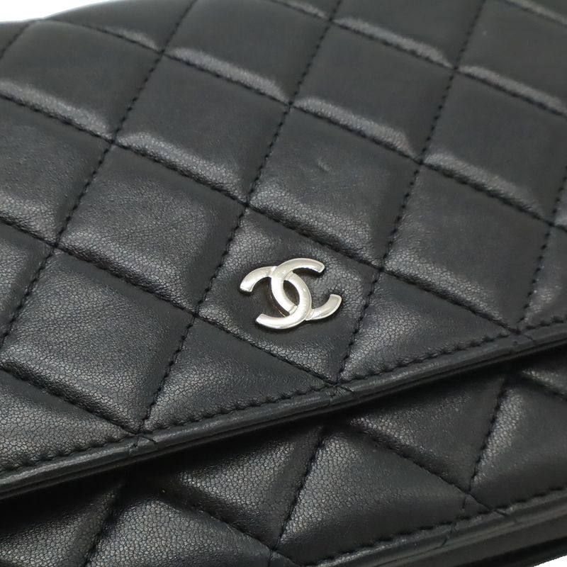 Chanel Quilted Chain Wallet Shoulder Bag Pochette Lambskin Leather Black Silver