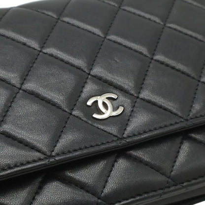 Chanel Quilted Chain Wallet Shoulder Bag Pochette Lambskin Leather Black Silver