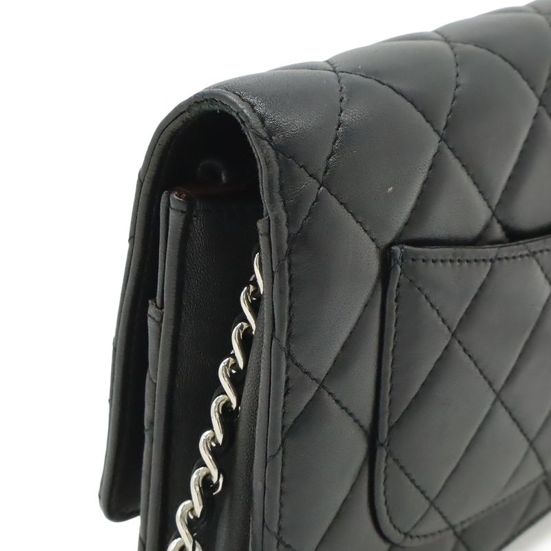 Chanel Quilted Chain Wallet Shoulder Bag Pochette Lambskin Leather Black Silver