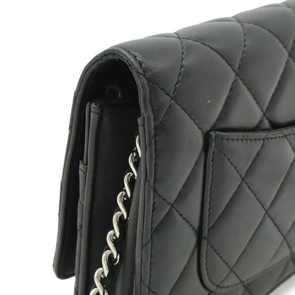 Chanel Quilted Chain Wallet Shoulder Bag Pochette Lambskin Leather Black Silver