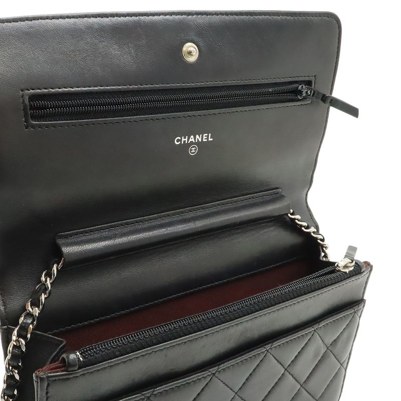 Chanel Quilted Chain Wallet Shoulder Bag Pochette Lambskin Leather Black Silver