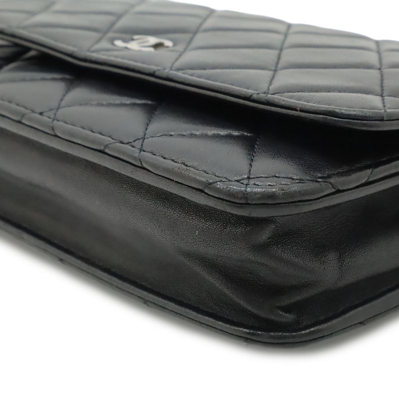 Chanel Quilted Chain Wallet Shoulder Bag Pochette Lambskin Leather Black Silver