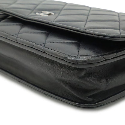 Chanel Quilted Chain Wallet Shoulder Bag Pochette Lambskin Leather Black Silver