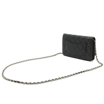 Chanel Quilted Chain Wallet Shoulder Bag Pochette Lambskin Leather Black Silver