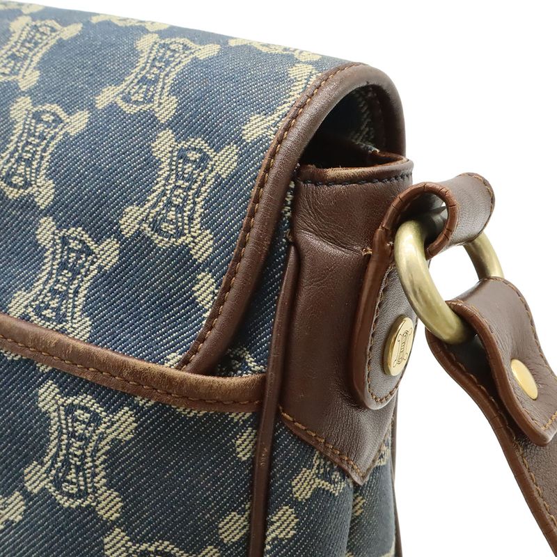 Celine Paris Macadam Shoulder Bag Denim Canvas Blue Brown Gold Pouch