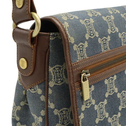Celine Paris Macadam Shoulder Bag Denim Canvas Blue Brown Gold Pouch