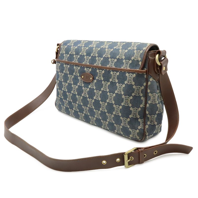 Celine Paris Macadam Shoulder Bag Denim Canvas Blue Brown Gold Pouch